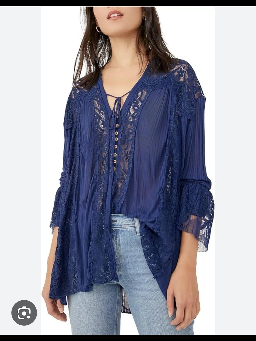 Free People Deep Navy Lace-Accent V-Neck Tie Blouse